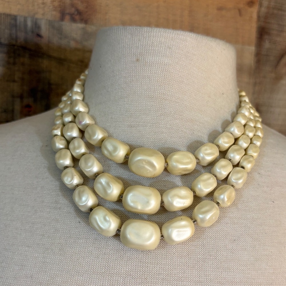 Vintage Triple Strand Graduated Cream Baroque Faux Pearl Necklace J-Hook